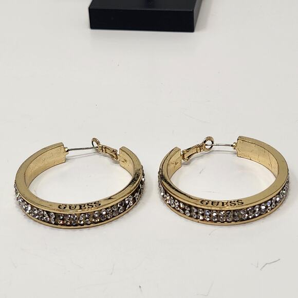 Guess Gold Tone Clear Crystal Pave Large Hoop Earrings Logo Chunky Statement - Picture 5 of 6